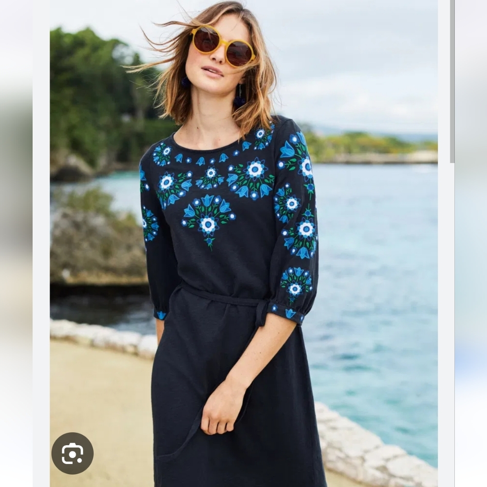 Boden Embroidered Leyla Dress Navy with Blue Scandi Nordic Floral - 6
